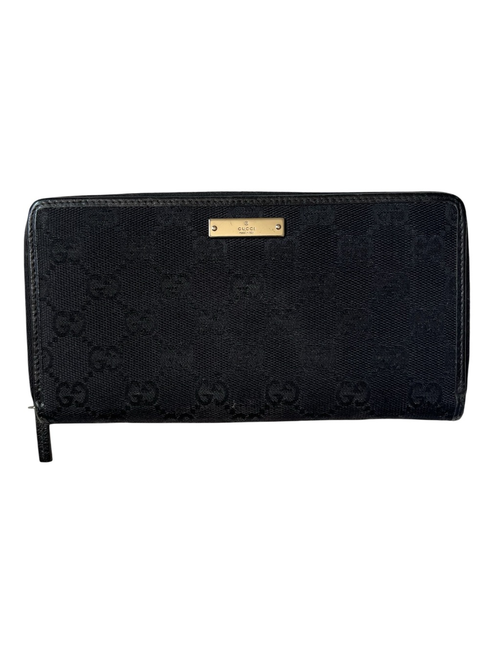 Authentic Gucci Black GG Monogram Canvas Metal Bar Zip Around Long Wallet